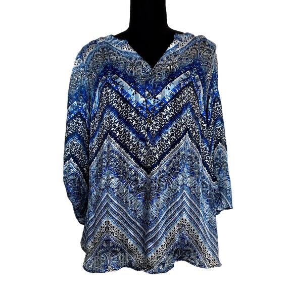 SARA MICHELLE SHEER WOMEN'S‎ PXL BLUE PAISLEY 3/4 TAB SLEEVES TUNIC TOP CASUAL - Picture 1 of 10